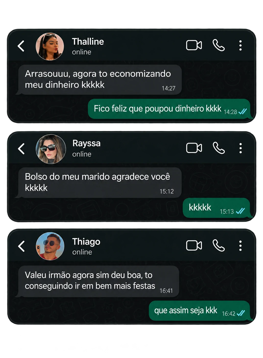 Depoimentos de clientes contando que economizaram e conseguiram ir a mais festas