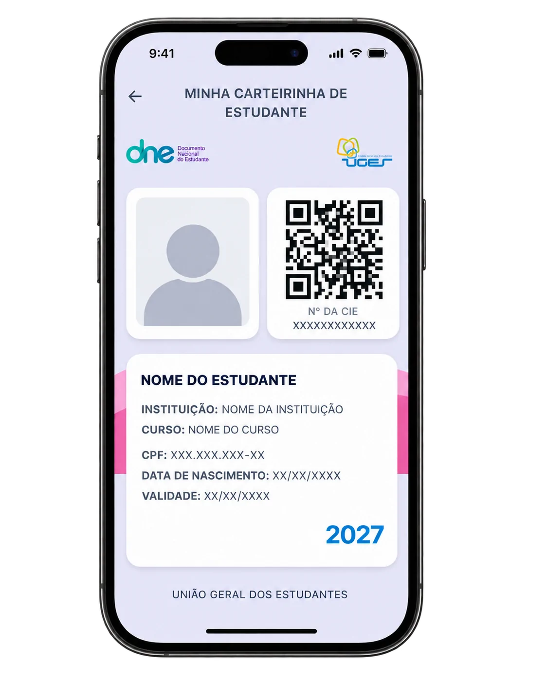 Modelo demonstrativo de carteirinha estudantil digital exibida em um celular, sem dados pessoais